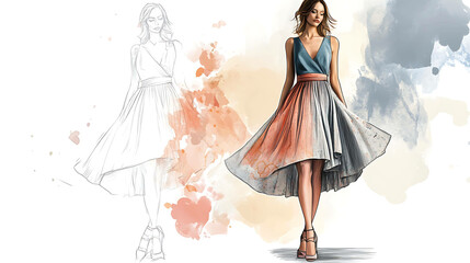 Obraz premium Fashion illustration of a woman in a blue and pink dress, showing the design process.
