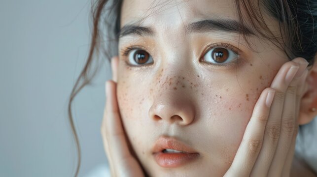 An Asian woman appears concerned while touching her face with dark spots, possibly melasma or freckles. Concept skin care, beauty, melasma, freckles, Asian model 