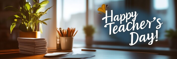 Teachers Day banner featuring a classroom setting with a desk and teaching materials, celebrating the significance of the day