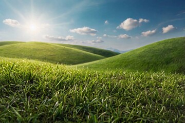 Realistic outdoor green grass ground field texture pattern public park and cloud and blue sky background with blur background in concept of freshness, growth, environment ecology and sustainablility