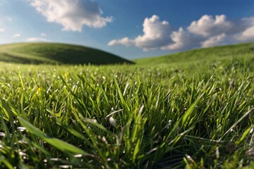 Obraz premium Realistic outdoor green grass ground field texture pattern public park and cloud and blue sky background with blur background in concept of freshness, growth, environment ecology and sustainablility