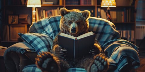 Reading a book on a chic sofa with studio lighting in a promotional aesthetic