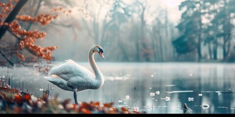 Portrait of a Swan with blurred lake background, copy space, cinematic.