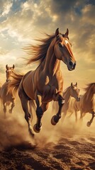 Obraz premium A herd of brown horses galloping through a dusty landscape at sunset