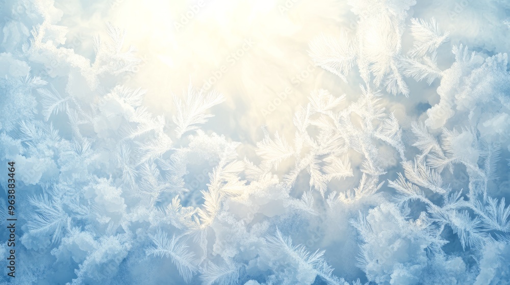 Poster a digital painting of a frosty window with intricate ice patterns and soft, diffused sunlight