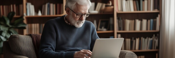 An elderly man sitting in front of a computer, focused on the screen, engaging with technology, showing interest in digital activities and staying connected