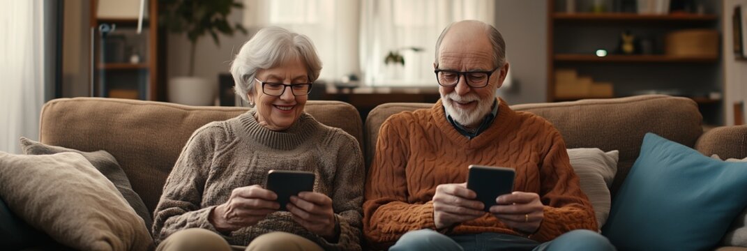 An elderly man and woman sitting together and looking at their phones. The image captures their engagement with technology and each other in a relaxed setting