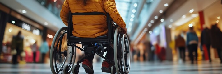 A person with a disability in a wheelchair navigating a trendy mall during Black Friday sales, showcasing inclusivity and accessibility