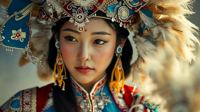 Cultural concept photography of a Mongolian girl in traditional attire, with abstract elements and creative framing to enhance the cultural narrative