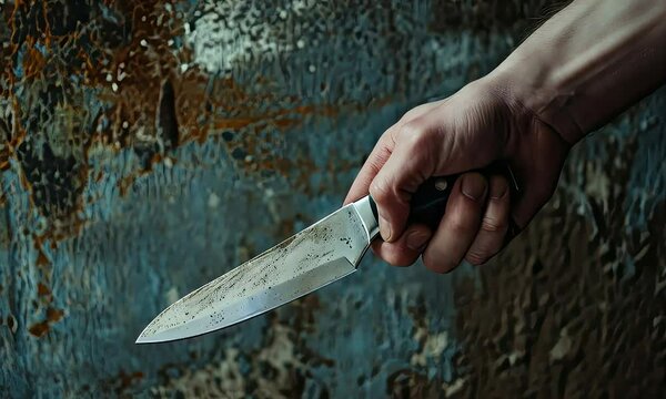 Hand Holding a Sharp Knife in Front of Rusty Wall