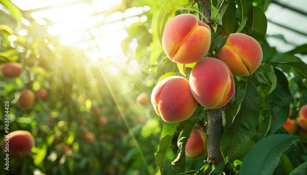 Wall mural a close-up of ripe peaches hanging on a tree in a sunlit greenhouse, showcasing their vibrant colors