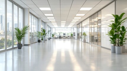 Modern Office Corridor with Plants and City View