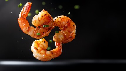 Juicy shrimp beautifully suspended in the air, showcasing freshness and flavor against a dark background.