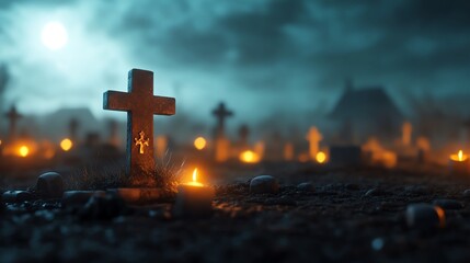 Mysterious graveyard scene illuminated by candles under a haunting moonlit sky, evoking themes of remembrance and tranquility.