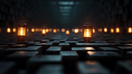 Mystical ambiance created by glowing lanterns illuminating a dark stone pathway, evoking a sense of mystery and adventure.