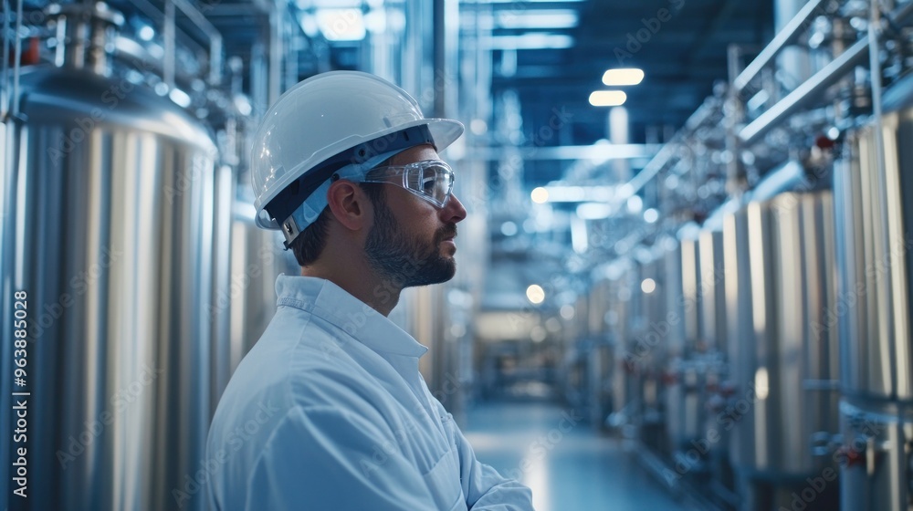 Poster engineers working in a large-scale hydrogen plant, monitoring energy output and efficiency