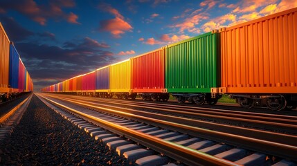 Fototapeta premium A train with colorful cars is traveling down the tracks