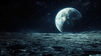 The Moon with its barren, cratered surface, casting long shadows in the soft light of the distant Earth, floating in the dark void of space with distant stars twinkling, cinematic, lunar, celestial