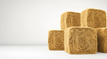 Stacked straw bales create a rustic atmosphere, representing the hard work of harvesting during the agricultural season in a minimalist setting, copy space, white background