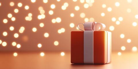 A minimalistic 3D icon of a holiday present with a glossy finish, set against a background of glowing Christmas lights