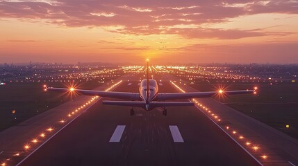Airplane Landing on Illuminated Runway at Sunset with Vibrant Sky and Clouds