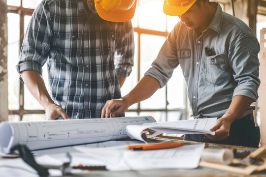 Collaboration between construction worker and architect discussing and reviewing housing blueprints