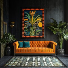 Orange sofa with teal throw pillows in a dark room with a patterned rug and artwork.