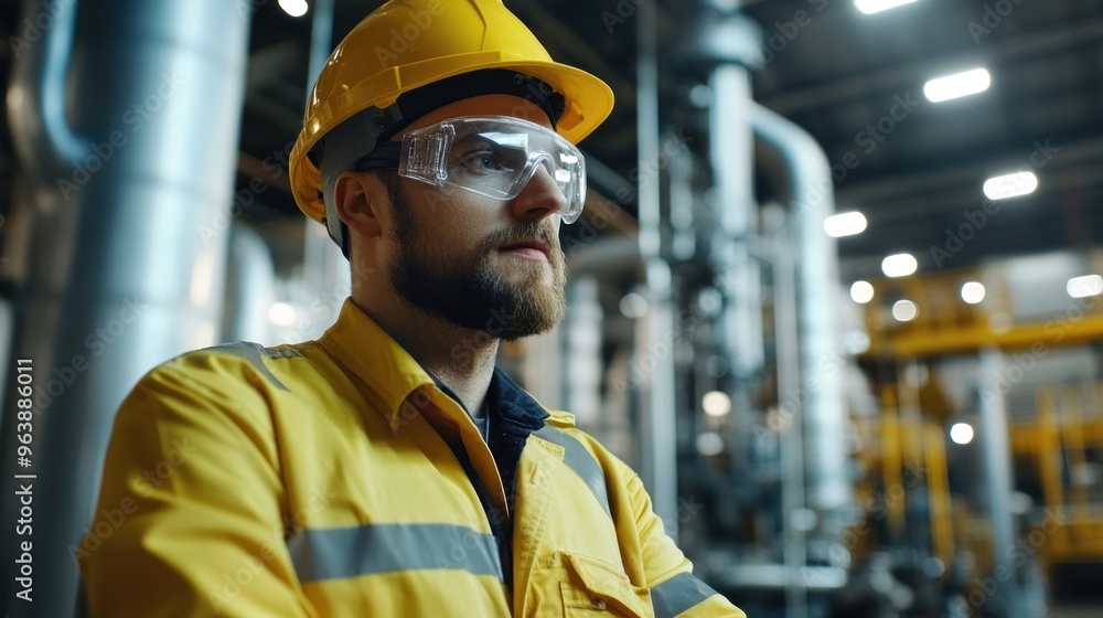 Poster engineers working in a large-scale hydrogen plant, monitoring energy output and efficiency