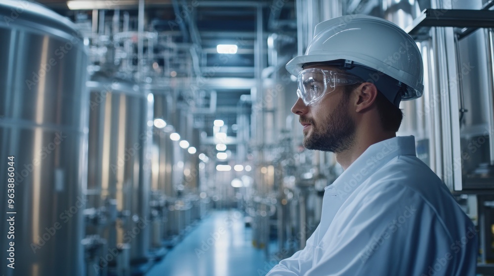 Poster engineers working in a large-scale hydrogen plant, monitoring energy output and efficiency