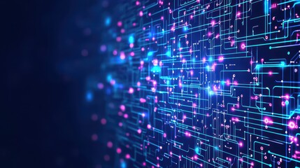 Obraz premium Abstract Digital Network Neon Lights and Lines on Dark Background