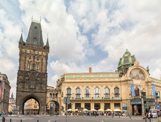 Naklejka premium Square in front of Dust Gate Tower and the Second World War Museum in old part of Prague in the Czech Republic
