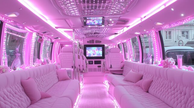 Pink Luxury Party Bus Interior with LED Lights and Seating