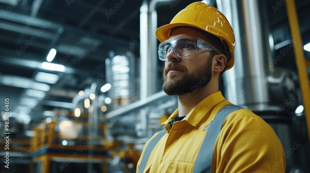 Poster engineers working in a large-scale hydrogen plant, monitoring energy output and efficiency