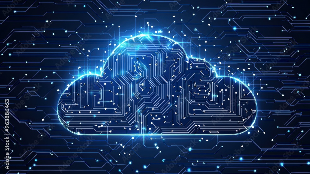 Poster digital cloud computing technology concept with glowing circuit board