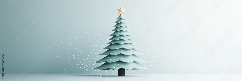 Poster a minimalistic icon of a christmas tree with a star on top, surrounded by a subtle snowfall effect