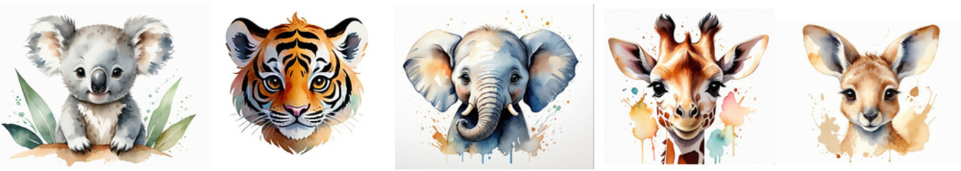 Set of 5 Watercolor Animal Portraits of Koala, Tiger, Elephant, Giraffe, and Kangaroo, Isolated on White Background