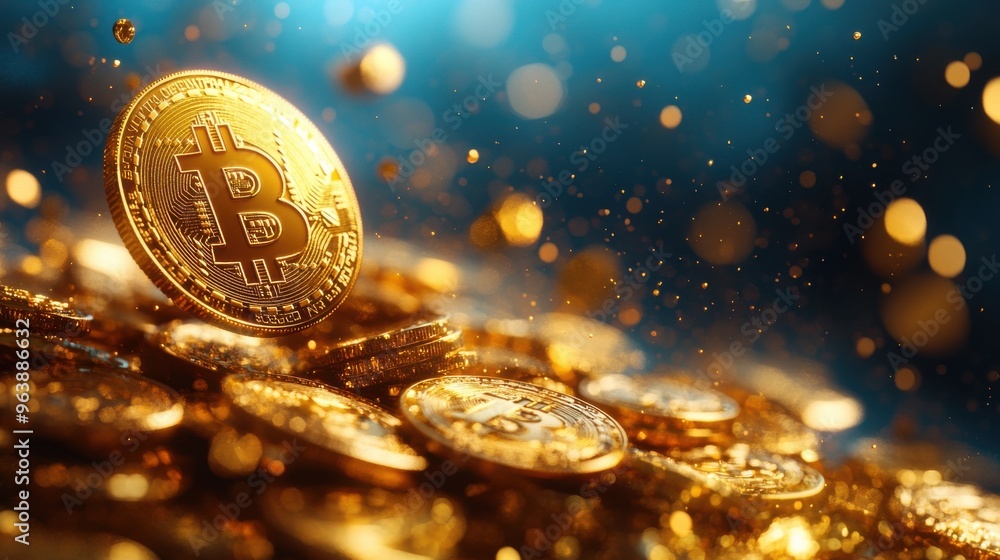 Aufkleber 3d golden coins with the bitcoin symbol fall down into a heap or pile isolate3d on blue background