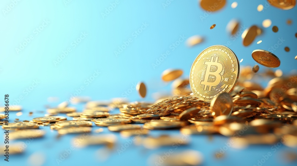 Poster 3d golden coins with the bitcoin symbol fall down into a heap or pile isolate3d on blue background