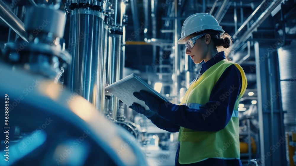 Poster engineers working in a large-scale hydrogen plant, monitoring energy output and efficiency