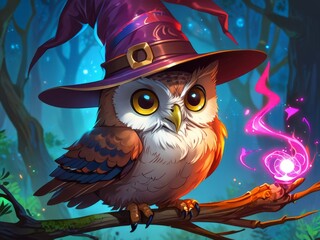 Naklejka premium Magical Owl in a Top Hat with Glowing Wings