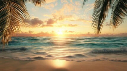 Obraz premium A beautiful beach wallpaper showing a scene with palm trees and a sunset in the background