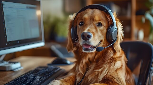 Dog customer service agent at a call center desk. Cute golden retriever puppy in a headset working with computer in modern stylish office interior equipment, funny pet animal men at work creative art.