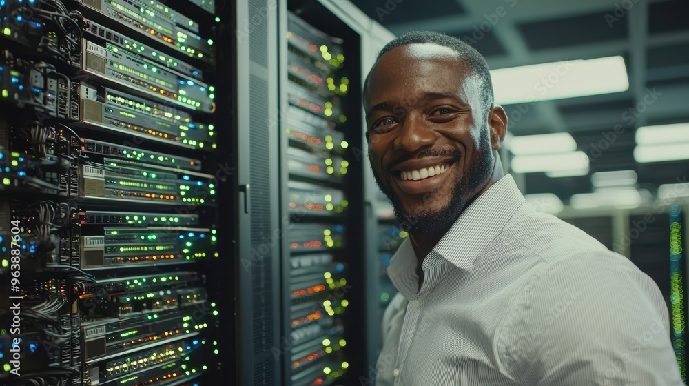 Poster smiling it technician in data center server room