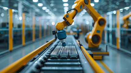 Obraz premium robotic arm meticulously assembling components on a spotless factory floor, symbolizing the cutting-edge role of advanced robotics in modern manufacturing