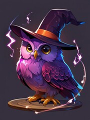 Naklejka premium Magical Owl in a Top Hat with Glowing Wings