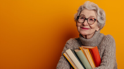 A cheerful elderly woman with glasses holds multiple colorful books, showcasing her passion for learning about topics related to older individuals worldwide, copy space