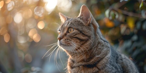 Regal Grey Tabby Cat with Trimmed Ear Sitting Gracefully and Staring into the Horizon