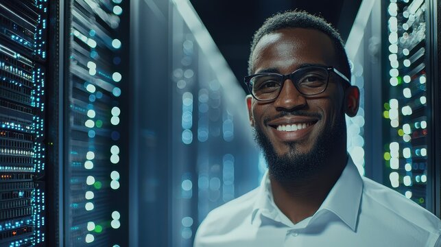 Confident IT Specialist Smiling in Server Room