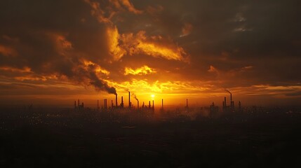 Obraz premium A sunset over a city with many factories and smoke coming out of them. The sky is orange and the sun is setting