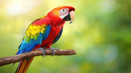 Obraz premium Colorful Scarlet Macaw Parrot Perched on Branch in Tropical Rainforest